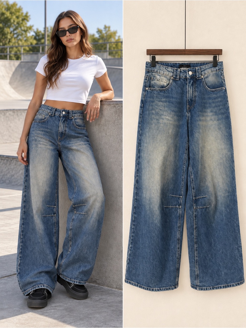 Factorie Baggy Wide Leg Jeans Vintage Wash Knee Seam Denim US 4 Size 26